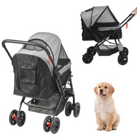 Pet Stroller, 4 Wheels Dog Stroller Rotate with Brakes, 44lbs Weight Capacity, Puppy Stroller with Reversible Handlebar, Storage Basket and Zippe